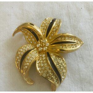 Vintage Christian Dior Rhinestone Flower Leaf Brooch Estate Jewelry